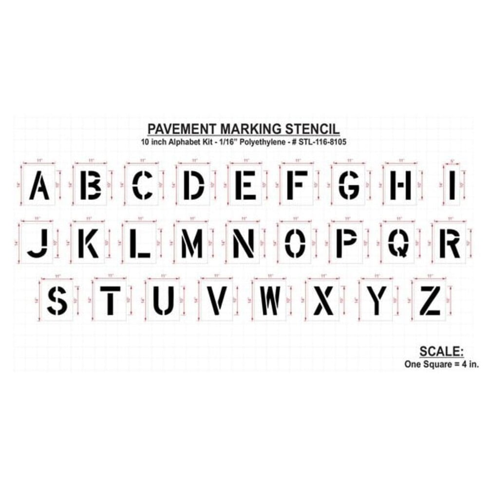 Pavement Stencil, Letter Set, A Thru Z, Blanks, 10 in Character Height, Highway Gothic Font, Clear