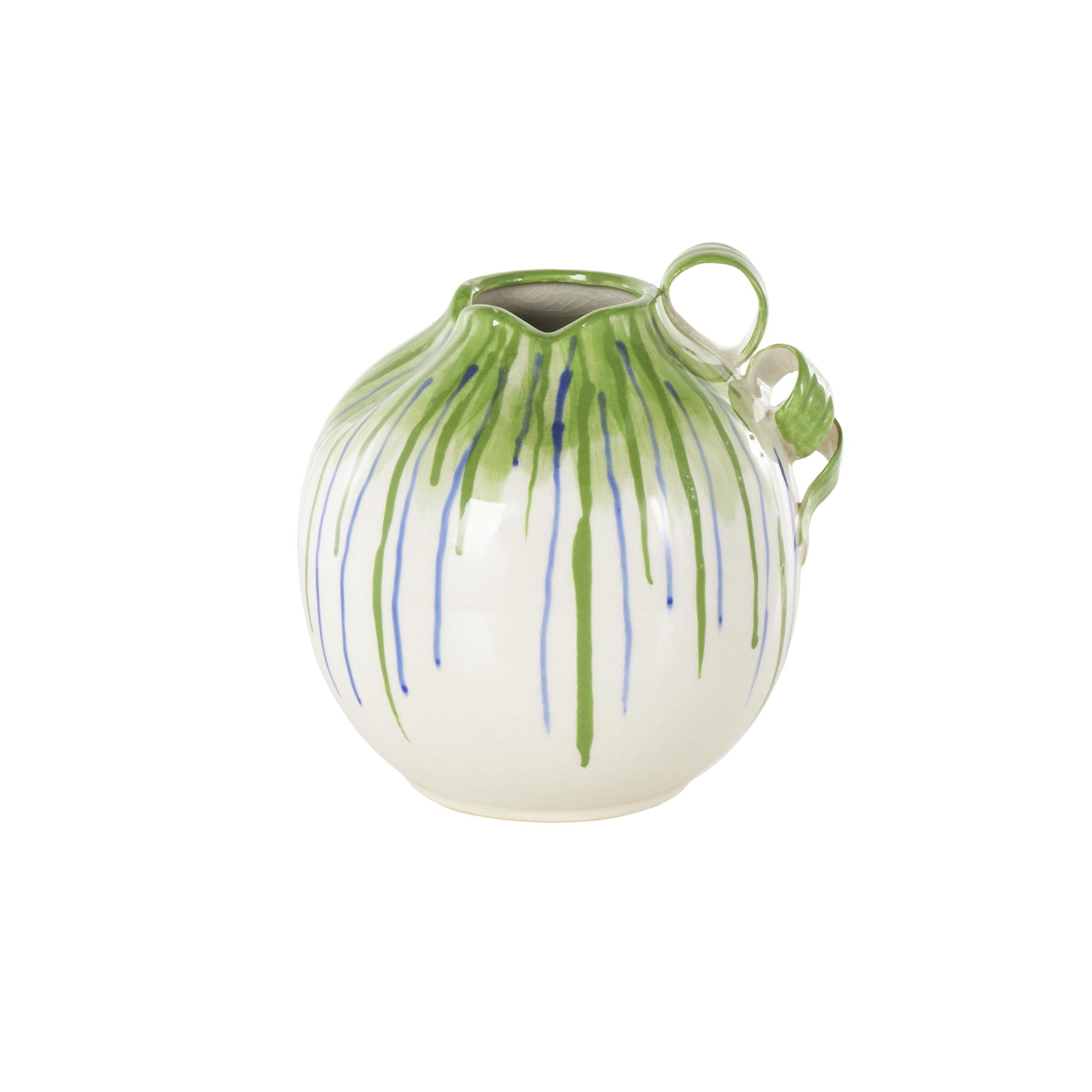DecMode 11" Abstract White Ceramic Vase with Green and Blue Drip Design and Handles