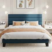 Amolife King Bed Frame, Platform Bed Frame with Fabric Upholstered Headboard, Navy Blue