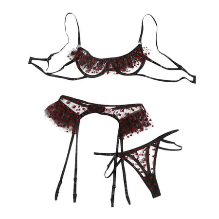 

BIZIZA Bra and Panties for Women Lace Polka Dots Sexy Lingerie Sets Pajamas Set 3 Piece with Garter Belt Babydoll Black XXL