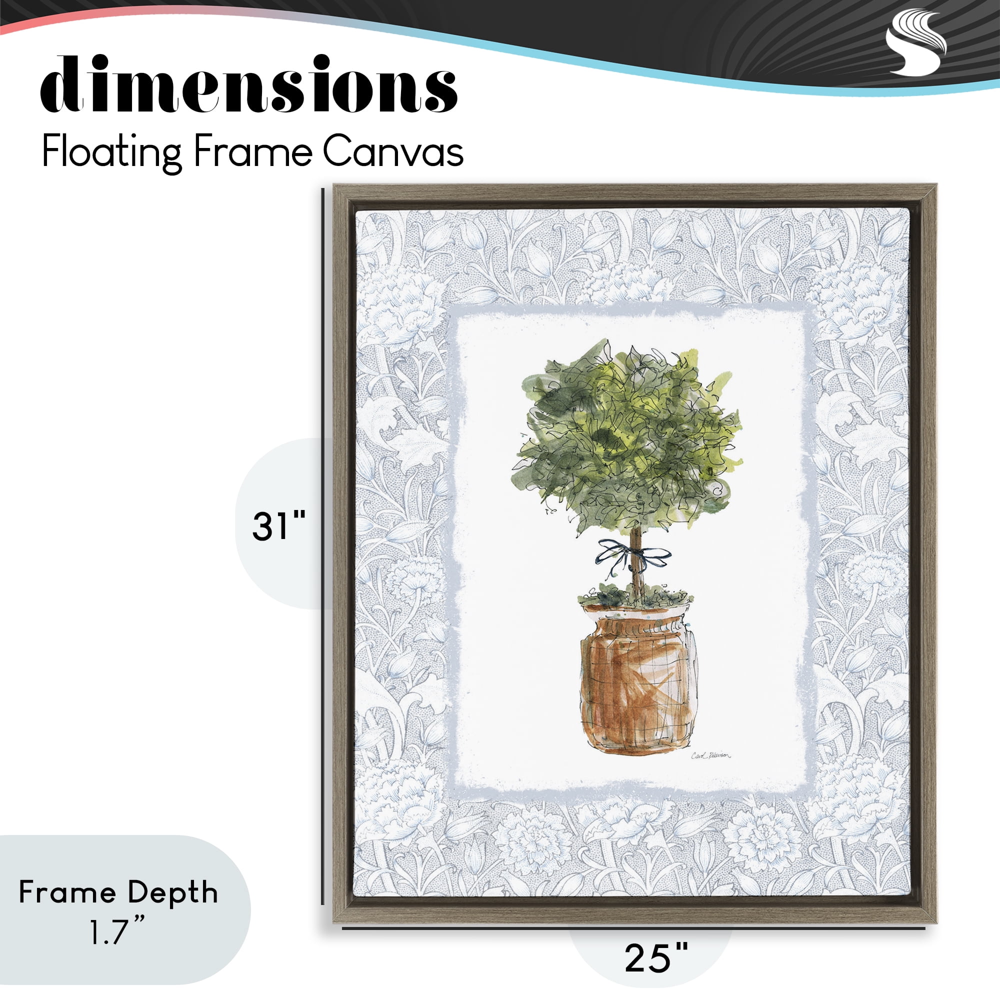 Stupell Industries Potted Topiary with Ribbon Brown Framed Floater Canvas Wall Art, design by Carol Robinson