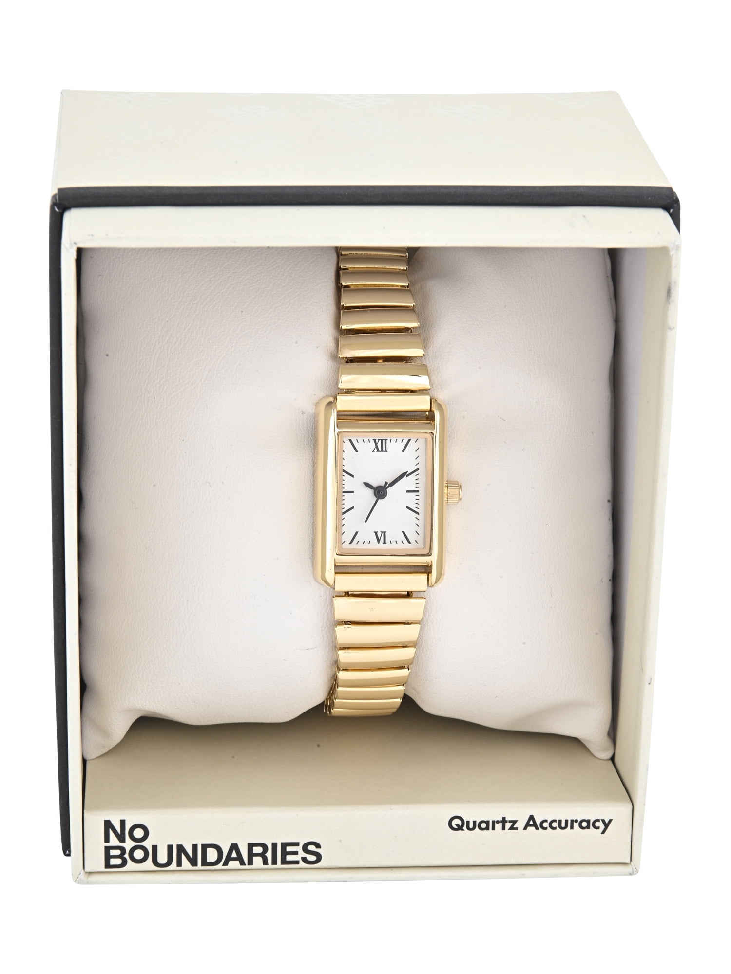 No Boundaries Adult Female Goldtone Tank Case Watch with Gold Link Bracelet.