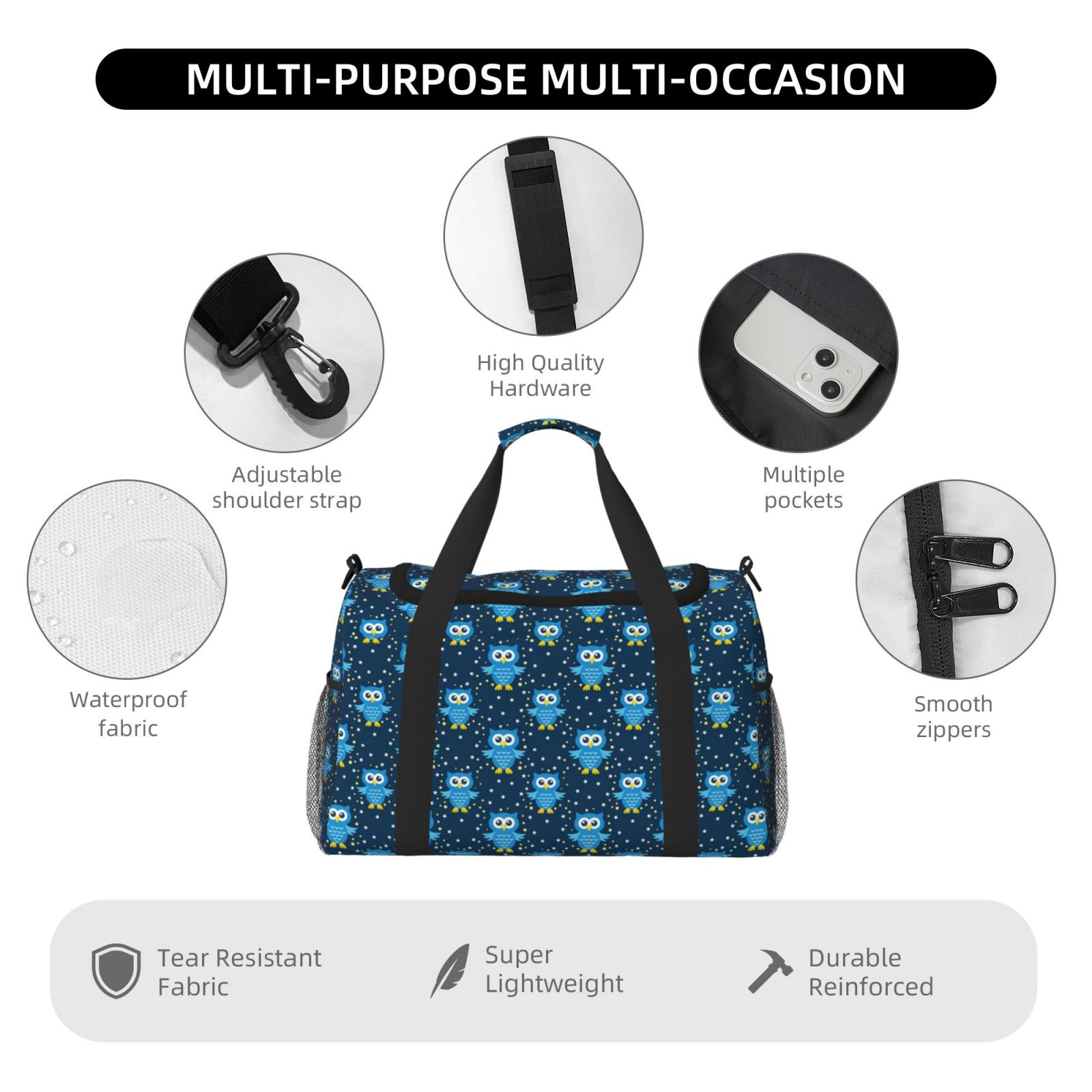 Fuzoiu Blue Owl Print Travel Duffle Bag,Carry On Tote Bags,Duffel Bag,Sport Gym Bag, Hospital Bag for Labor and Delivery, Overnight Bag,Luggage Bag