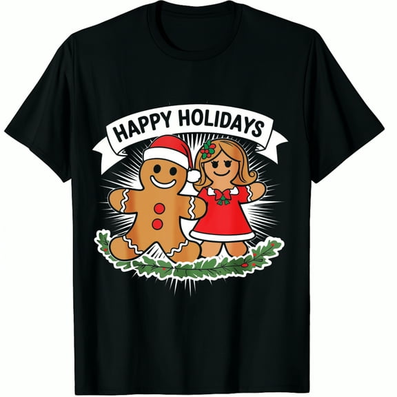 Christmas Gingerbread Couple Happy Holidays Print Holiday Party Wear Black Graphic T-Shirt ,Tops Tee for Men and Women
