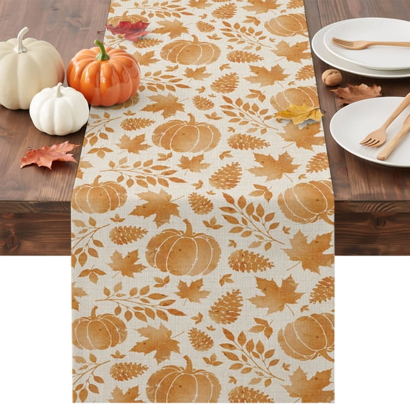 Thanksgiving Table Runner - 108 Inch Long Retro Fall Harvest Pumpkin Cones Maple Leaf Cotton and Linen Blended Dress Scarves Farmhouse Table Runner for Kitchen Dining, Coffee Table, 13" x 108"