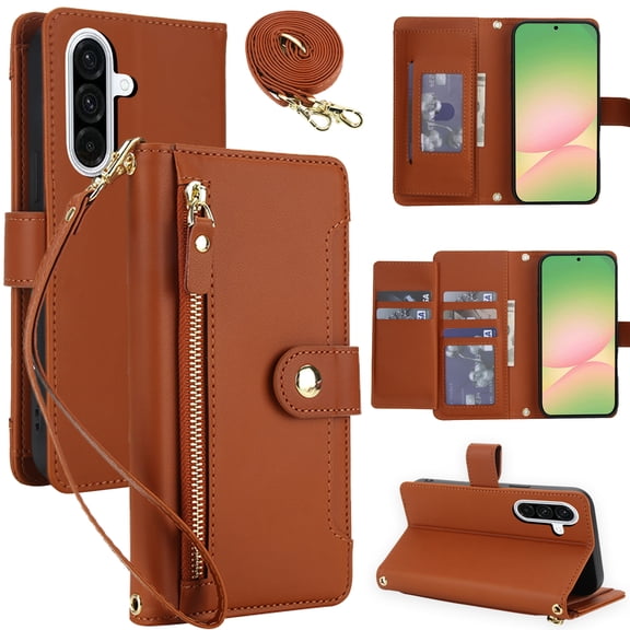 For Samsung Galaxy A57 Crossbody Wallet Phone Case,With Detachable Shoulder Strap Wrist Strap,Card Slots,Zipper Pocket,Flip Foldable Kickstand,Anti-Scratch Shokcproof Phone Case,Brown
