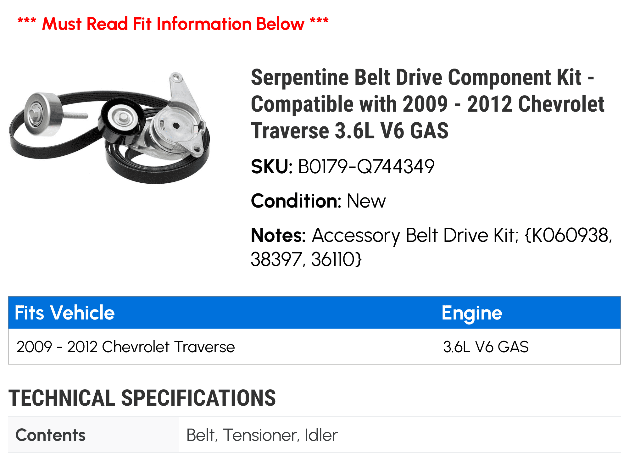 Serpentine Belt Drive Component Kit - Compatible with 2009 - 2012 Chevy  Traverse 3.6L V6 GAS 2010 2011 - Walmart.com