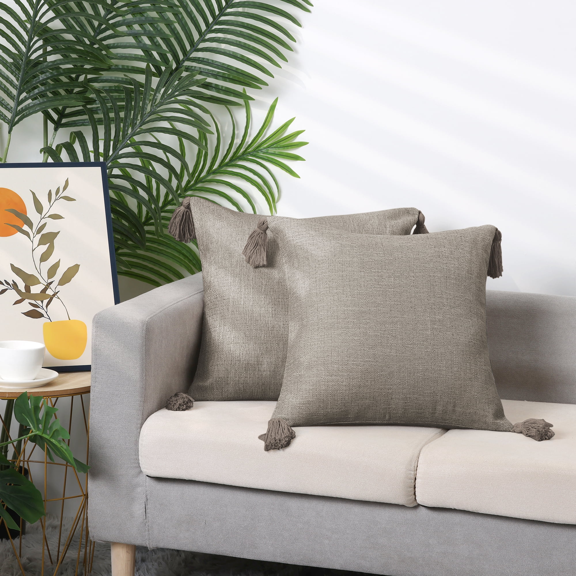 Unique Bargains Linen Fringe Cushion Cover Throw Pillow Covers with Tassel Design 2 Pcs Khaki 18" x 18"