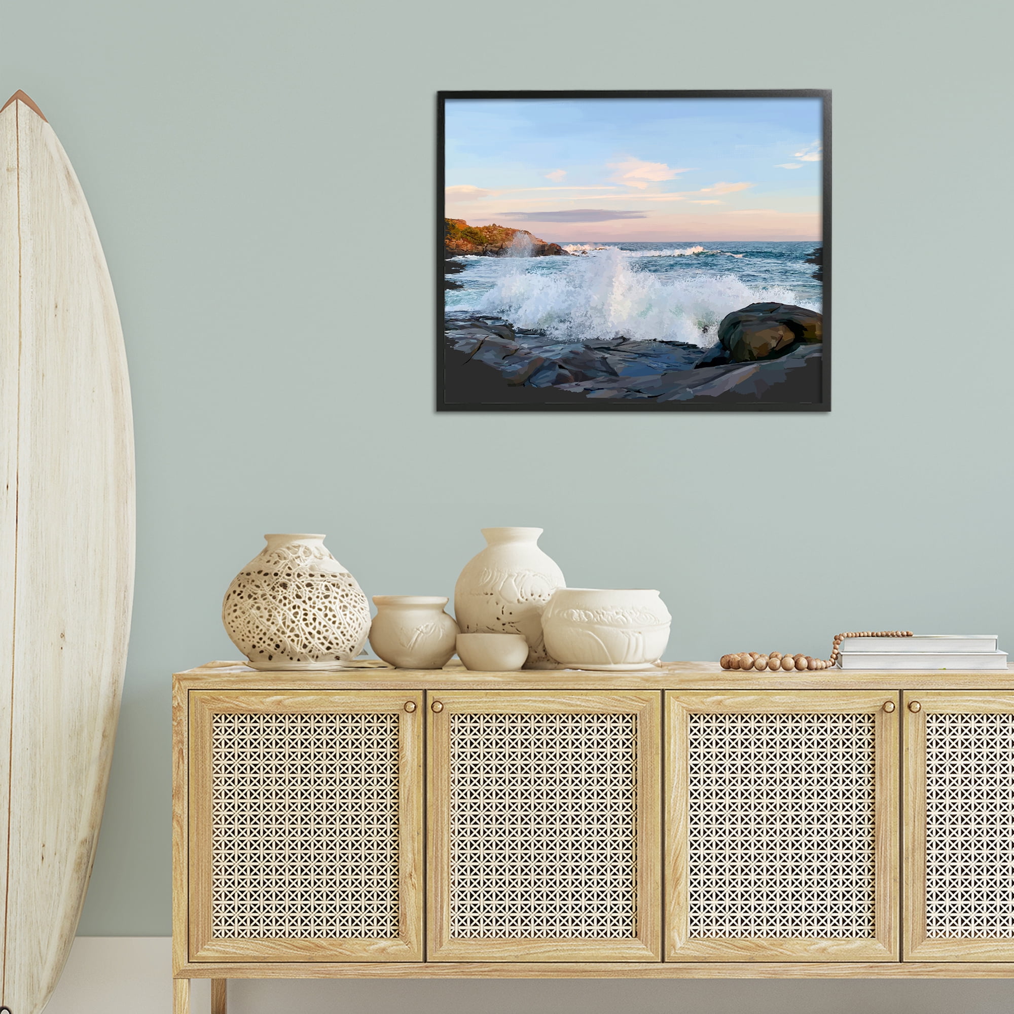 Stupell Industries Strong Breaking Waves Landscape Photography Black Framed Art Print Wall Art, 30 x 24