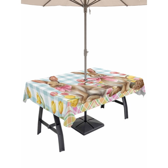 Easter Bunny Eggs Outdoor Tablecloth - 52x70 Inch Rectangle Dining Table Cover, Spring Tulips Farm House Rabbits Blue Plaid Waterproof Outdoor Table Cloth with Umbrella Hole & Zipper for Picnic/Patio