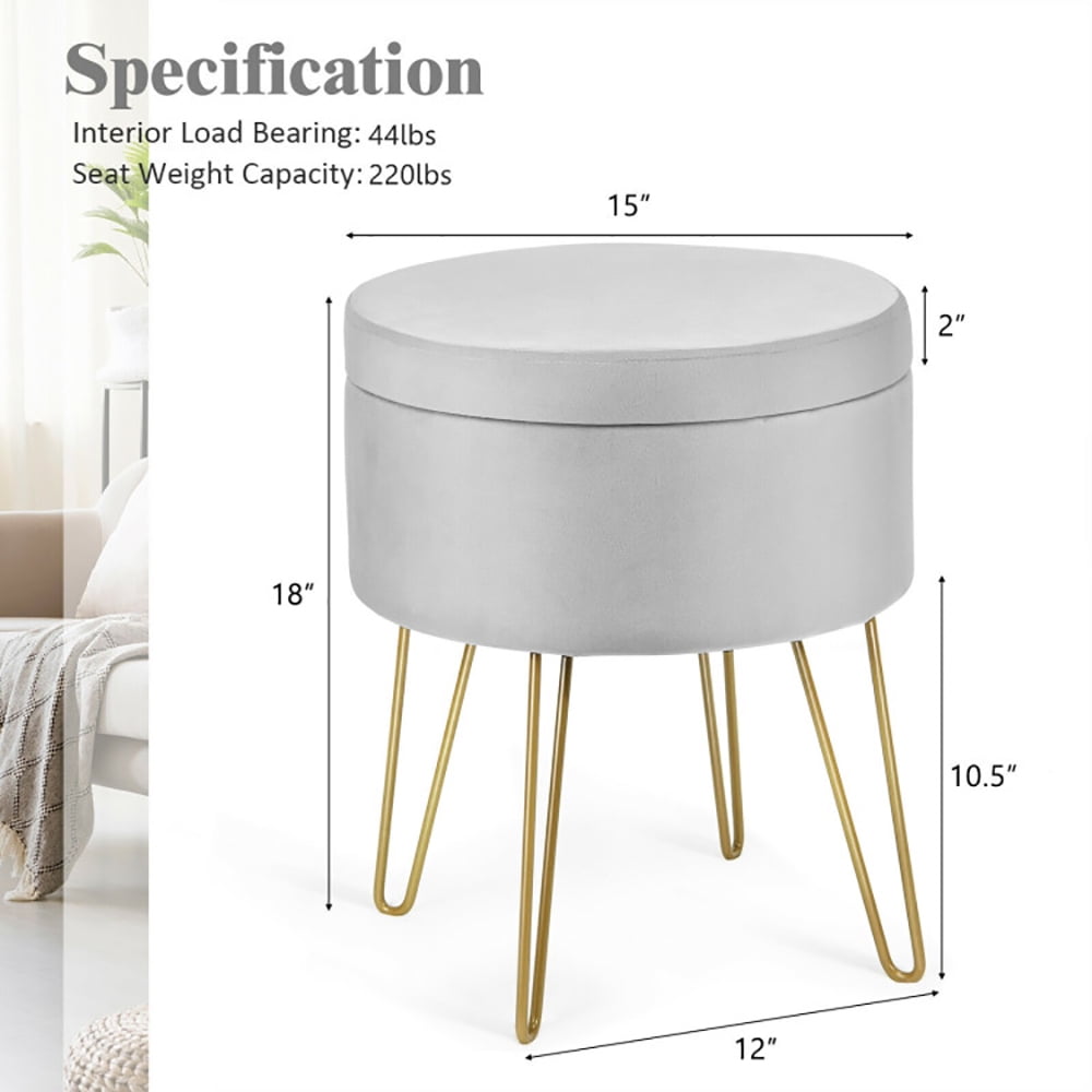 Finihen Round Velvet Storage Ottoman, Footrest Stool, Vanity Chair with Metal Legs, for Living Room, Bedroom, Gray Finihen Round Velvet Storage Ottoman, Footrest Stool, Vanity Chair with Metal Legs, for Living Room, Bedroom, Gray