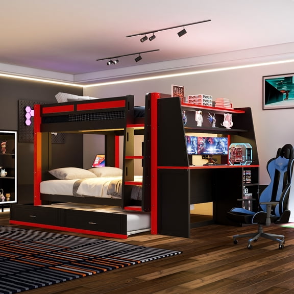 Euroco Wood Full over Full Bunk Bed with Desk and Shelves, Gaming Bed with Trundle and LED Lights, Red & Black