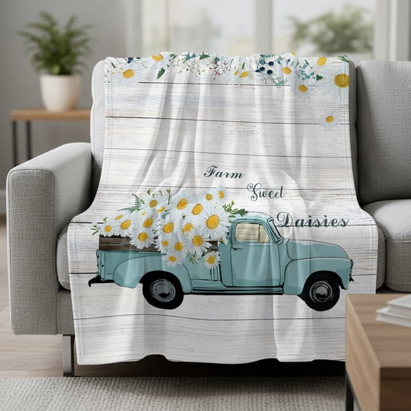 Flannel Blanket Rustic Spring Floral Soft Lightweight Throw Blanket Blue Truck with Daisies Abstract Wood Cozy Blanket for Bed Couch Sofa Bedroom Living Room 30" x 40"