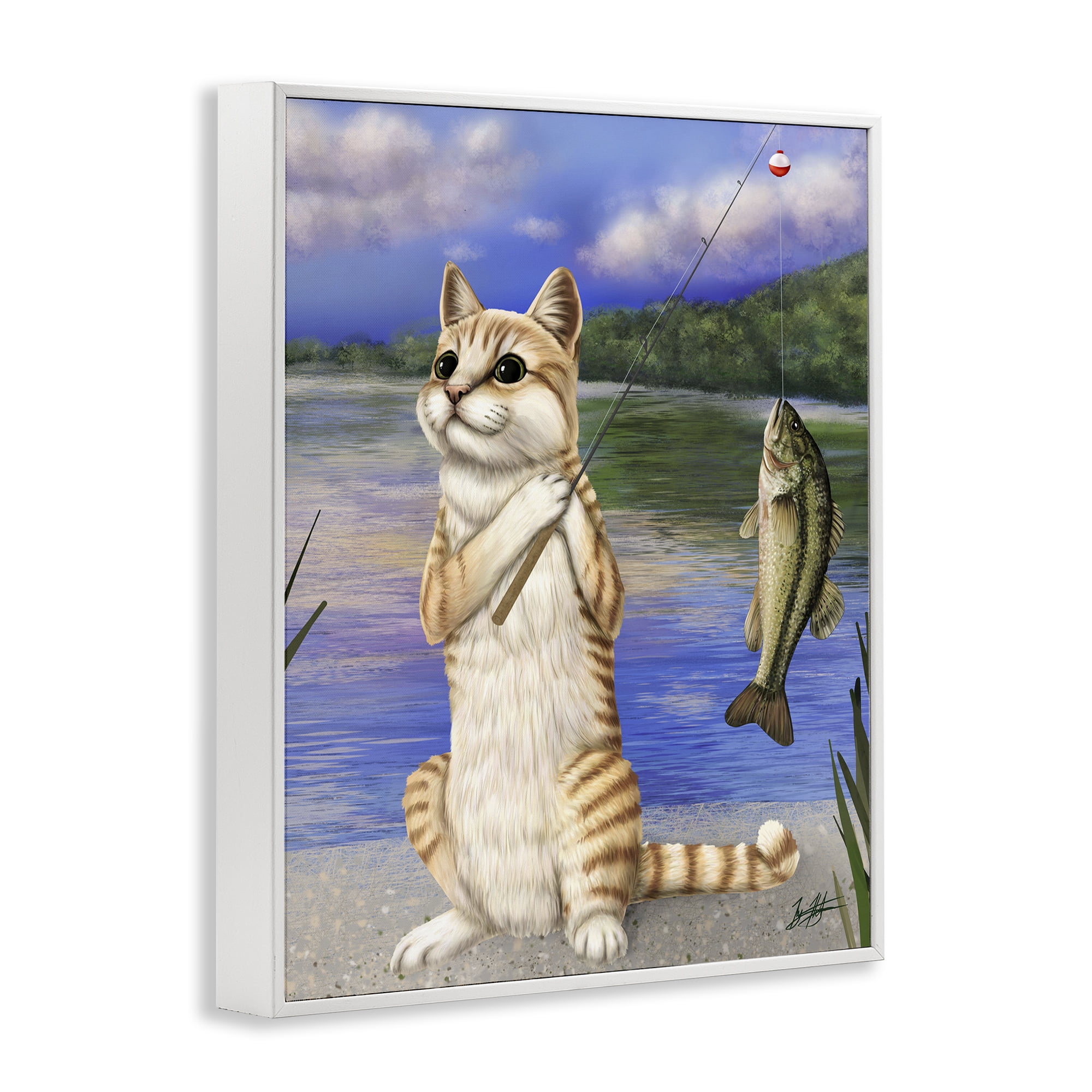 Stupell Industries Fishing Cat by Lake Animals & Insects Painting White Framed Art Print Wall Art, 24 x 30