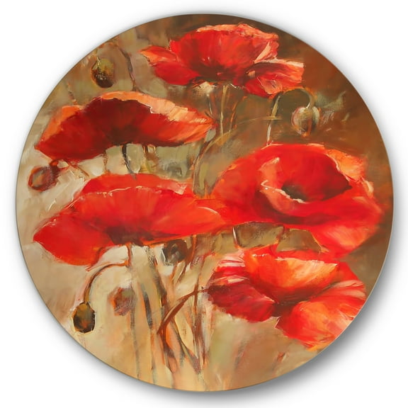 Designart 'Red Blossoming Poppies Over Wild Brown II' Traditional Circle Metal Wall Art 36x36 - Disc of 36