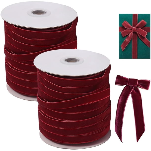 Rollos Listones Navideños para Arbol, Liston Terciopelo Rojo, Listones Navideños Terciopelo de 3/8, 5/8, 1 Pulgada de Ancho, 30 Yardas, Cosas Navideñas Decoración de Regalo (2 PCS-45m de Largo)