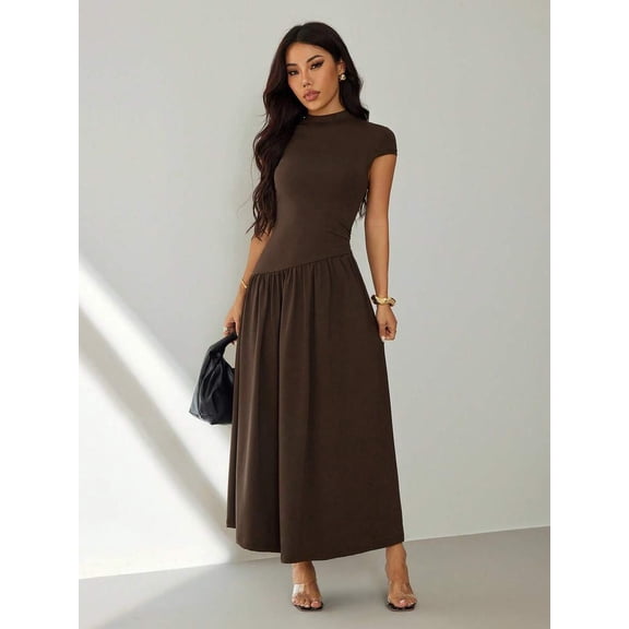 Brown High Neck Short Sleeve Maxi Dress With Ruched Waist For Women