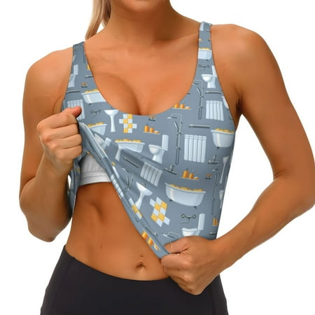 Qokaie Blue Bathroom Pattern Womens Scoop Neck Sports Bra Breathable Workout Vest Padded U Back Medium Impact Fitness Gym Yoga Bra Workout Crop Top