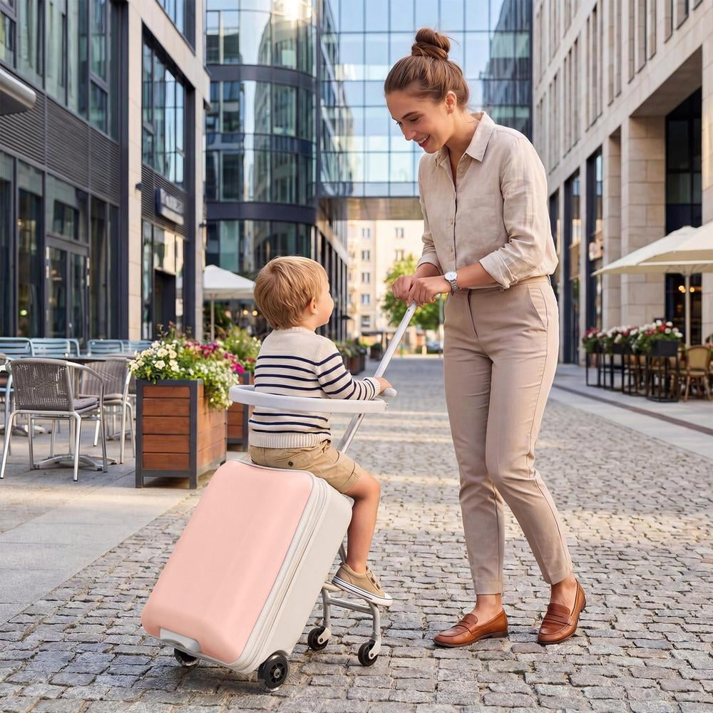 Kids Ride-on Luggage with Seat, 20 inch Carry On Suitcase, 2-in-1 Children's Luggage with Shockproof Silent Wheels and Guardrail for Airplane & Travels