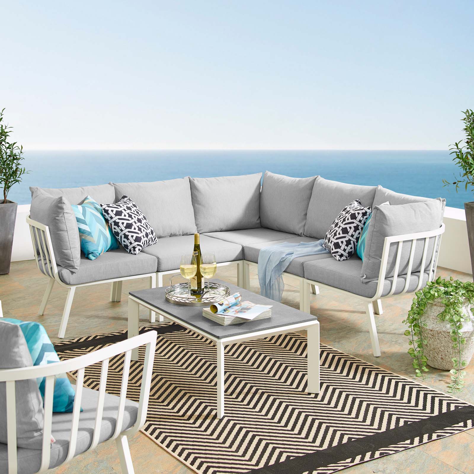 Lounge Sectional Sofa Chair Set, Aluminum, Metal, Steel, White Grey Gray, Modern Contemporary Urban Design, Outdoor Patio Balcony Cafe Bistro Garden Furniture Hotel Hospitality - image 3 of 10
