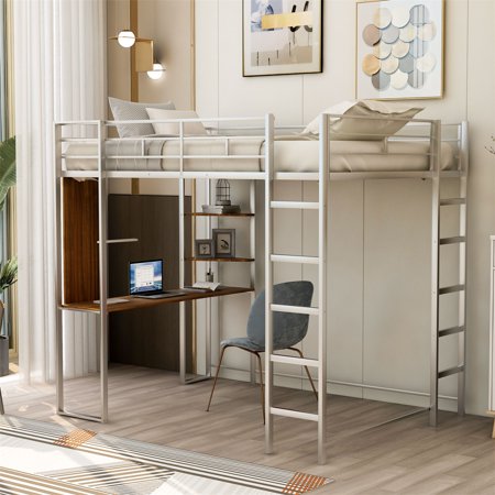 Space-Saving Full Size Metal Loft Bed with 2 Shelves and 1 Desk  Loft Bed Frame with 2 Ladders  Safety Rails for Kids Teens Adults  No Box Spring Needed  Bedroom Furniture  Silver