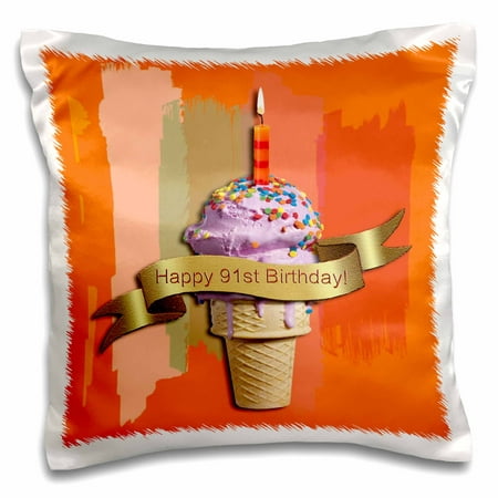 3dRose Happy 91st Birthday, Strawberry Ice Cream Cone on Abstract, Orange - Pillow Case, 16 by