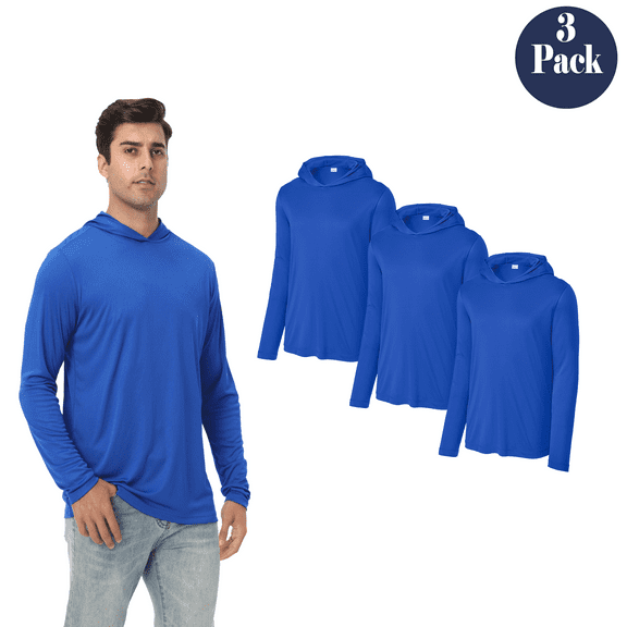 Zfeel Dry Fit Pullover Hooded Shirt for Men, 3 Pack Lightweight Long Sleeve Hoodie, Royal, S
