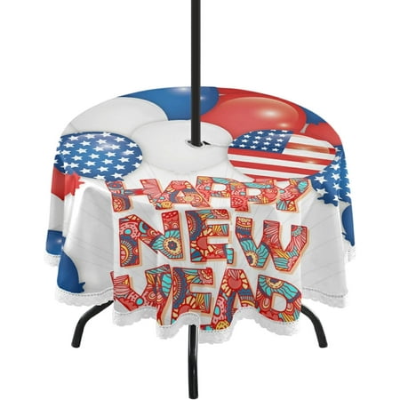 

SKYSONIC American Flag Balloon Happy New Year Round Tablecloth 60In Waterproof Round Table Cloths with Umbrella Hole and Zipper Party Patio Table Covers for Outdoor Backyard /BBQ/Picnic