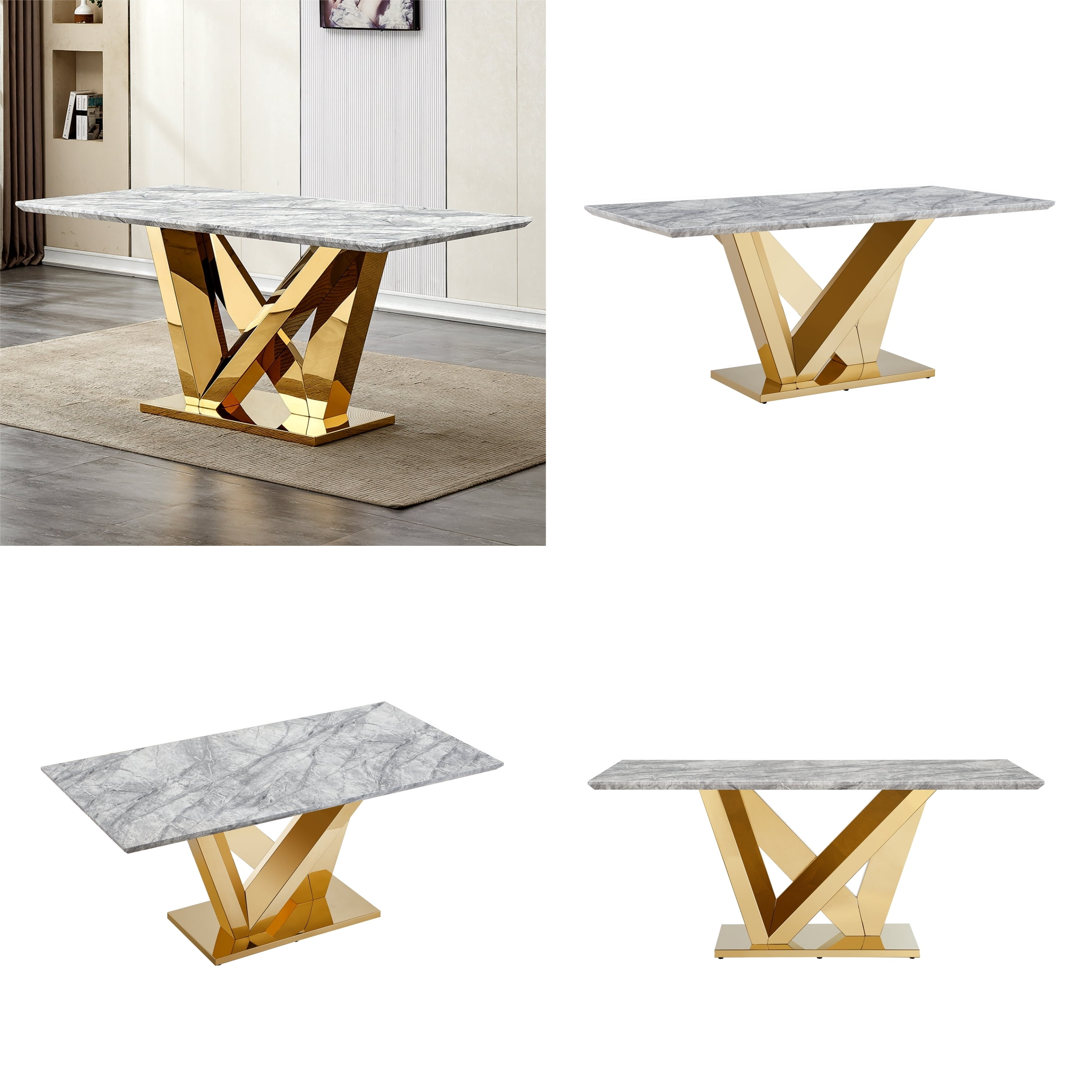 Shikeyi 70" Marble Dining Table for 6-8, Modern Luxury Gold Rectangular Large Kitchen Table, Marble Grain MDF Tabletop & Stainless Steel Base for Kitchen Dining Room, Grey (Table Only)