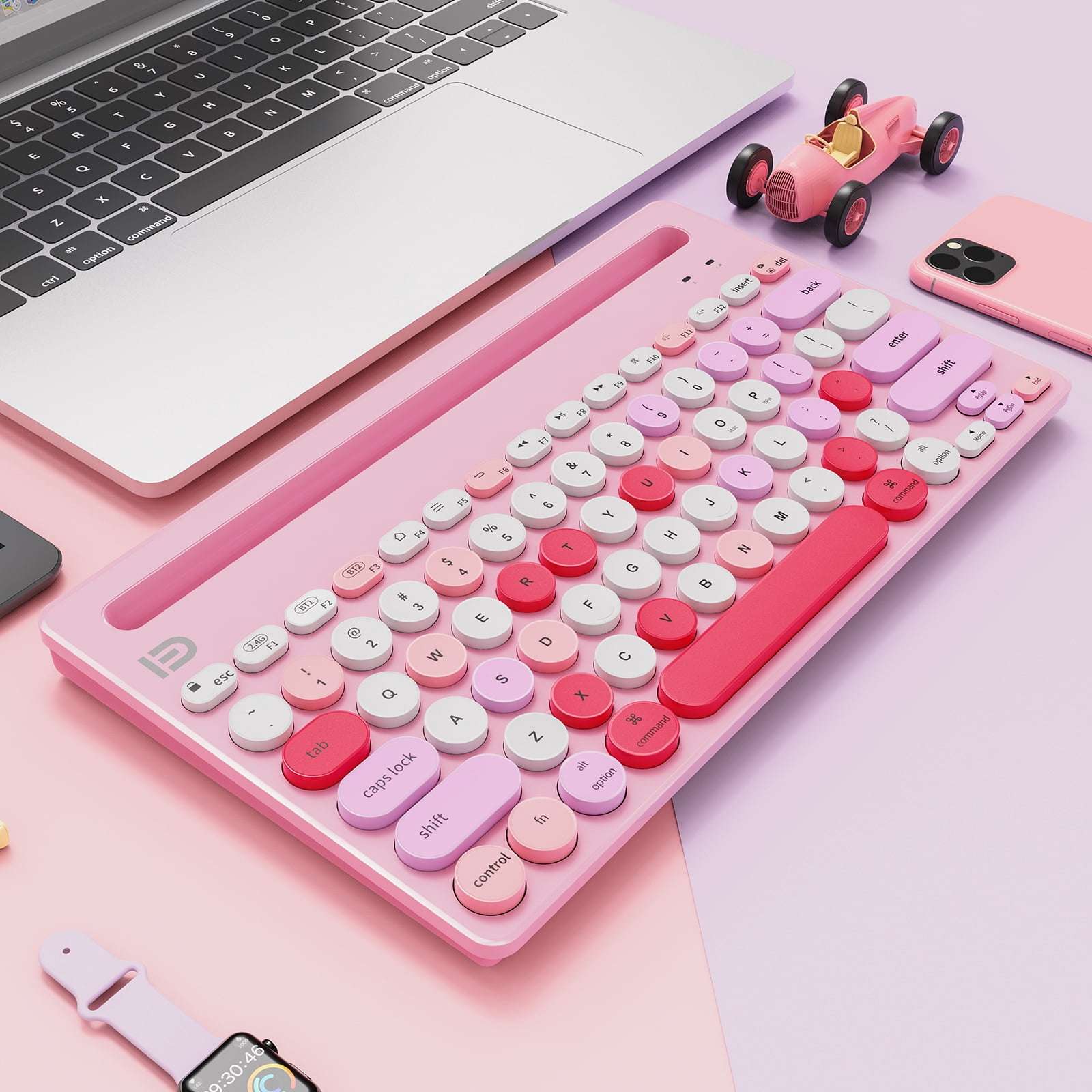 Wireless Keyboard Multi-Device, Bluetooth and 2.4G Dual Mode, Switch to 3 Devices for Cellphone, Tablet, PC, Smart TV, iOS Android Windows, Pink