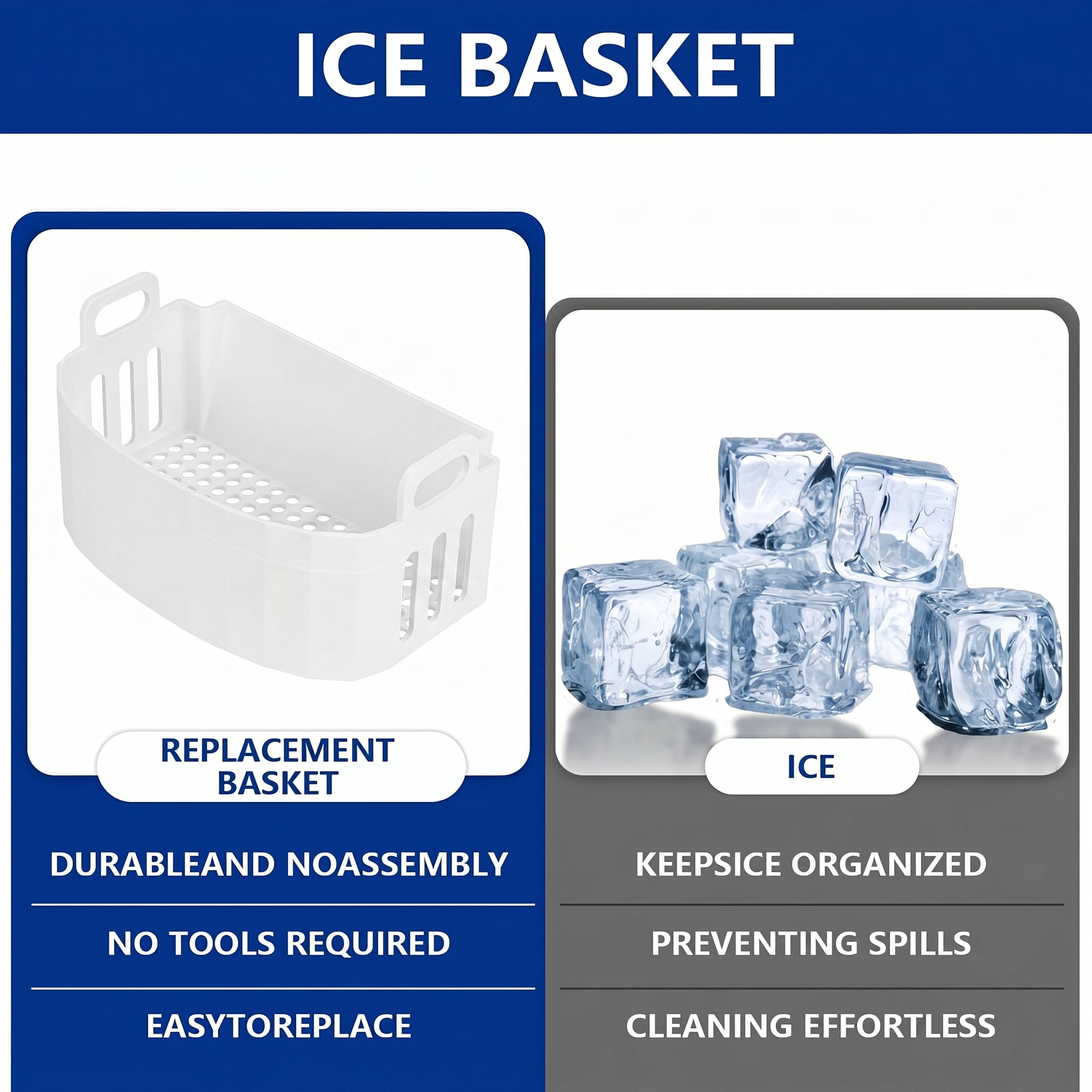 Ice Maker Replacement Basket for Magic Chef Countertop Ice Machine, Removable Ice Storage Bin for Kitchen Home Office Use, White