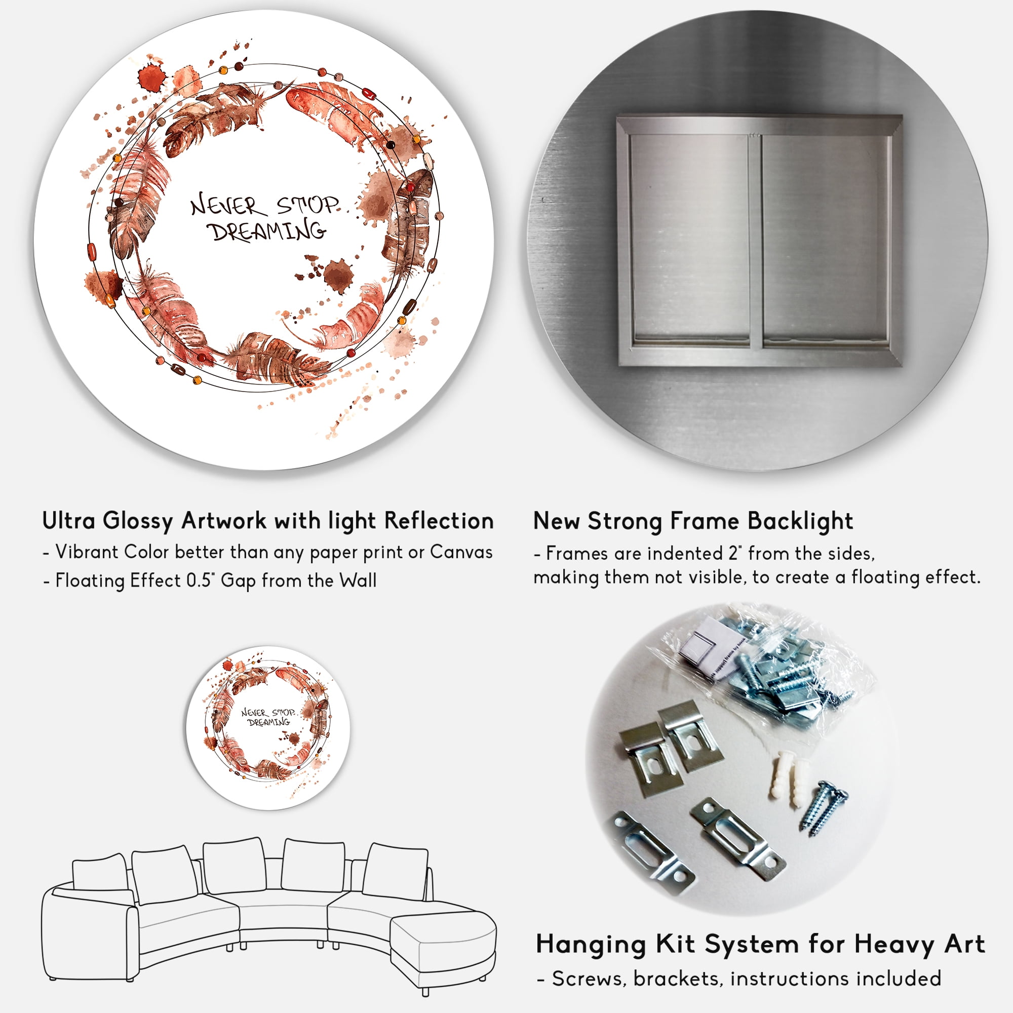 Designart 'Impression Of Bird Feathers Wreath' Traditional Circle Metal Wall Art 29x29 - Disc of 29