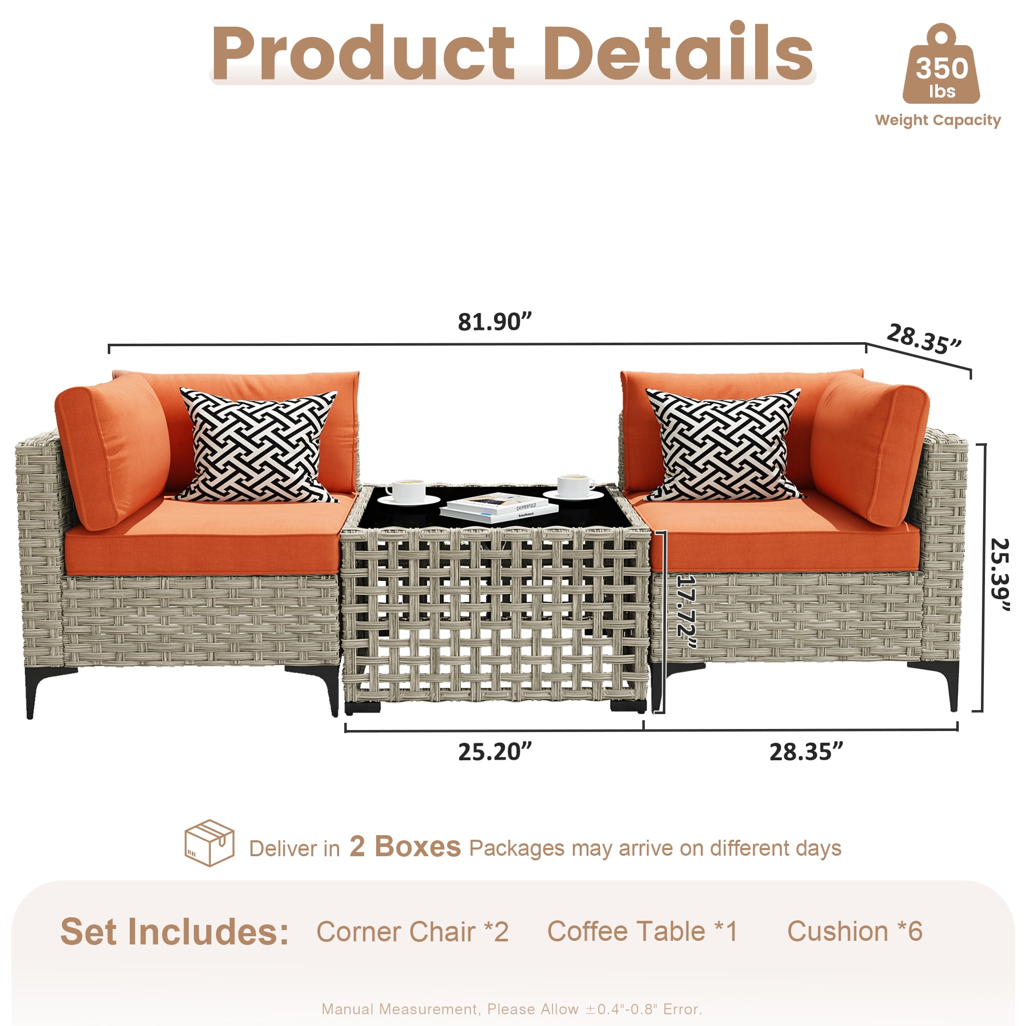 Ovios 3 Pieces Outdoor Patio Sectional Furniture Cushioned PE Rattan Wicker Chairs Conversation Set with Solar Lamps Coffee Table for Backyard
