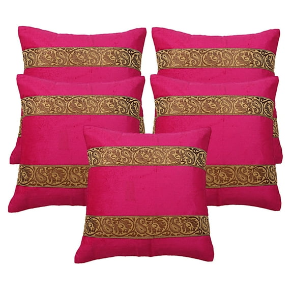 Stylo Culture Ethnic Settee Sofa Throw Pillow Covers Jacquard 16 x 16 Brocade Magenta Zippered 40x40 cm Bed Room Satin Velvet Floral Square Cushion Covers | Set Of 5