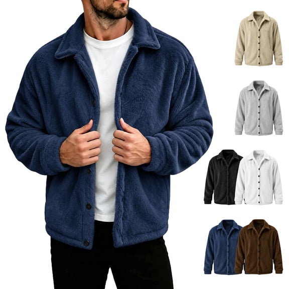 Jovrlynd Coats for Men Winter Sherpa Button Collared Long Sleeve Shacket Thermal Plus Size Fleece Lined Casual Jackets, S-3XL