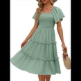 thumbnail image 1 of Vestido Midi Informal de Verano para Mujer, con Mangas Abullonadas, Cuello Cuadrado y Fruncido Verde L, 1 of 9