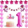 Baby Shark 1st Birthday Decorations for Girl, Pink Baby Shark One Banner, Cute Shark Helium Foil & Number 1 Foil Balloons, Doo Doo Cake Topper 1st Birthday for First Kid's Party