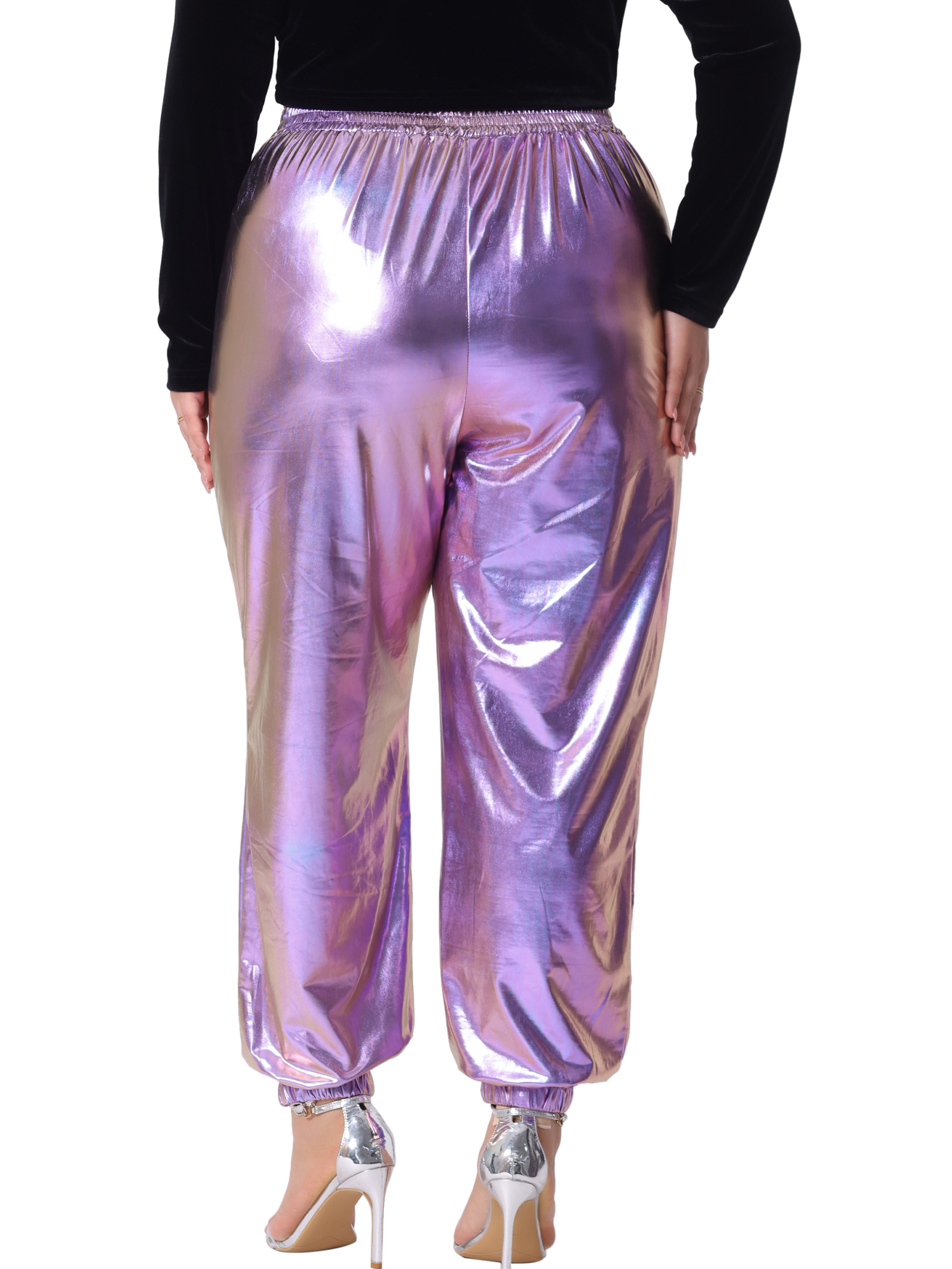 DARING DIVA Women's Plus Jogger Pants Metallic Shiny Stretchy Trousers 1X Purple Blue