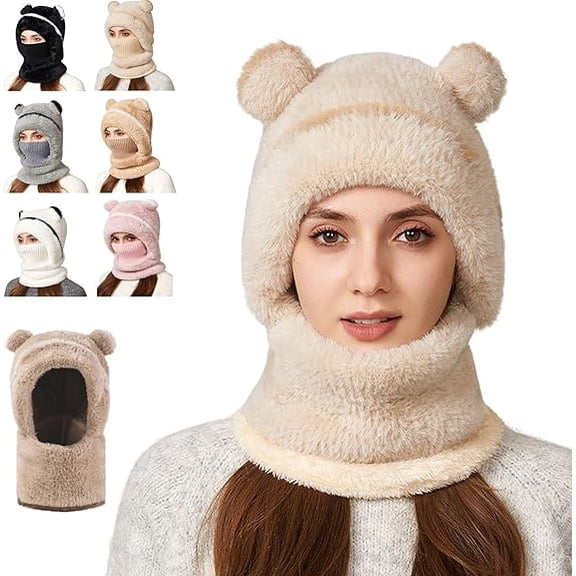 Bear Mask Cap Hat, 3 in 1 Beanie Hat with Scarf and Mask, Winter Outdoor Windproof Cute Knit Balaclava One Piece(A,M)