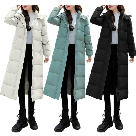 Meichang Winter Coats for Women with Detachable Hooded Long Puffer Coat Classic Long Sleeve Zip Up Long Down Jackets with Pockets