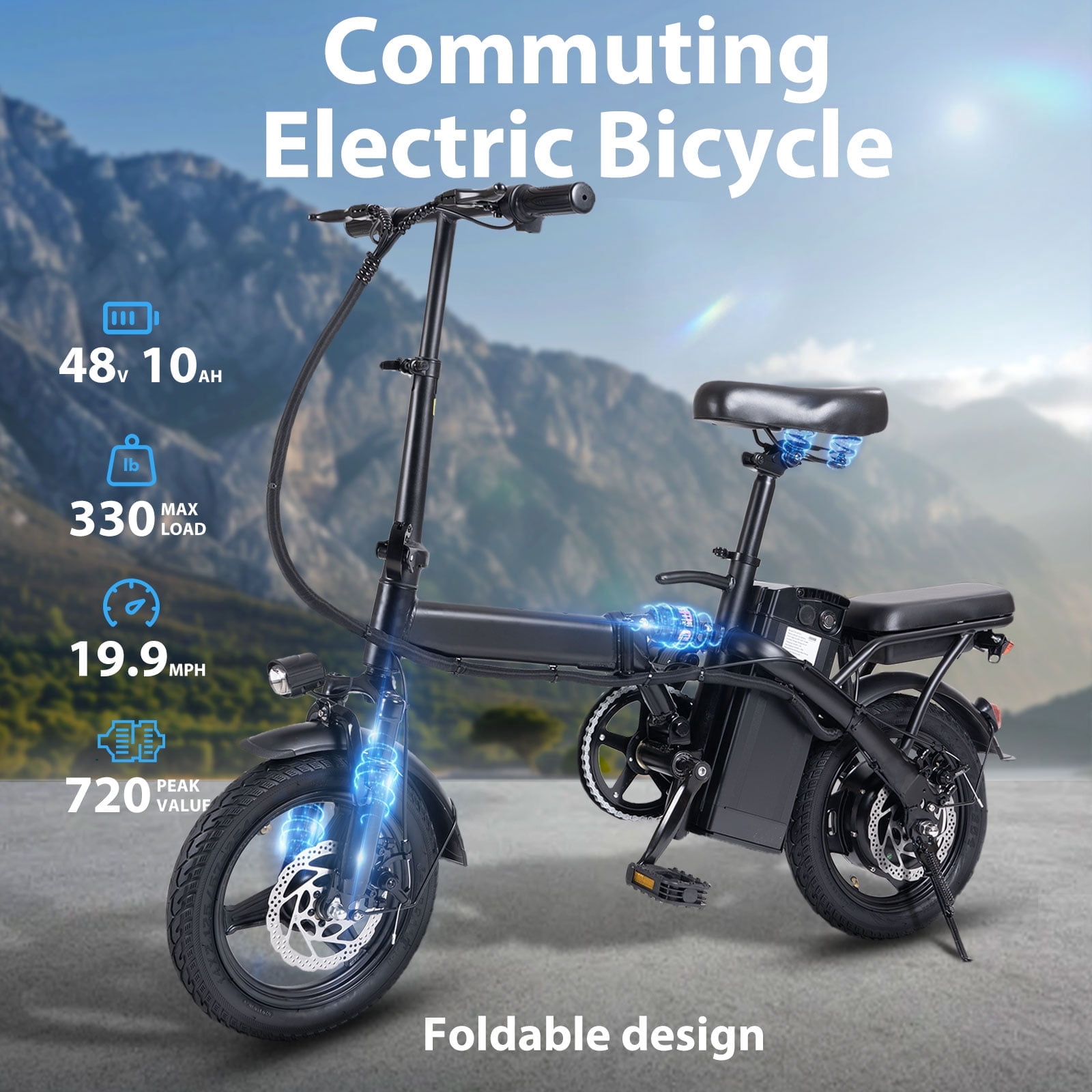 X-BURNER 14"Electric Folding Bike,48V 10.4Ah Battery,400W Powerful Motor Foldable EbIke,20MPH,30 Miles Electric Bicycles for Adults,UL 2849