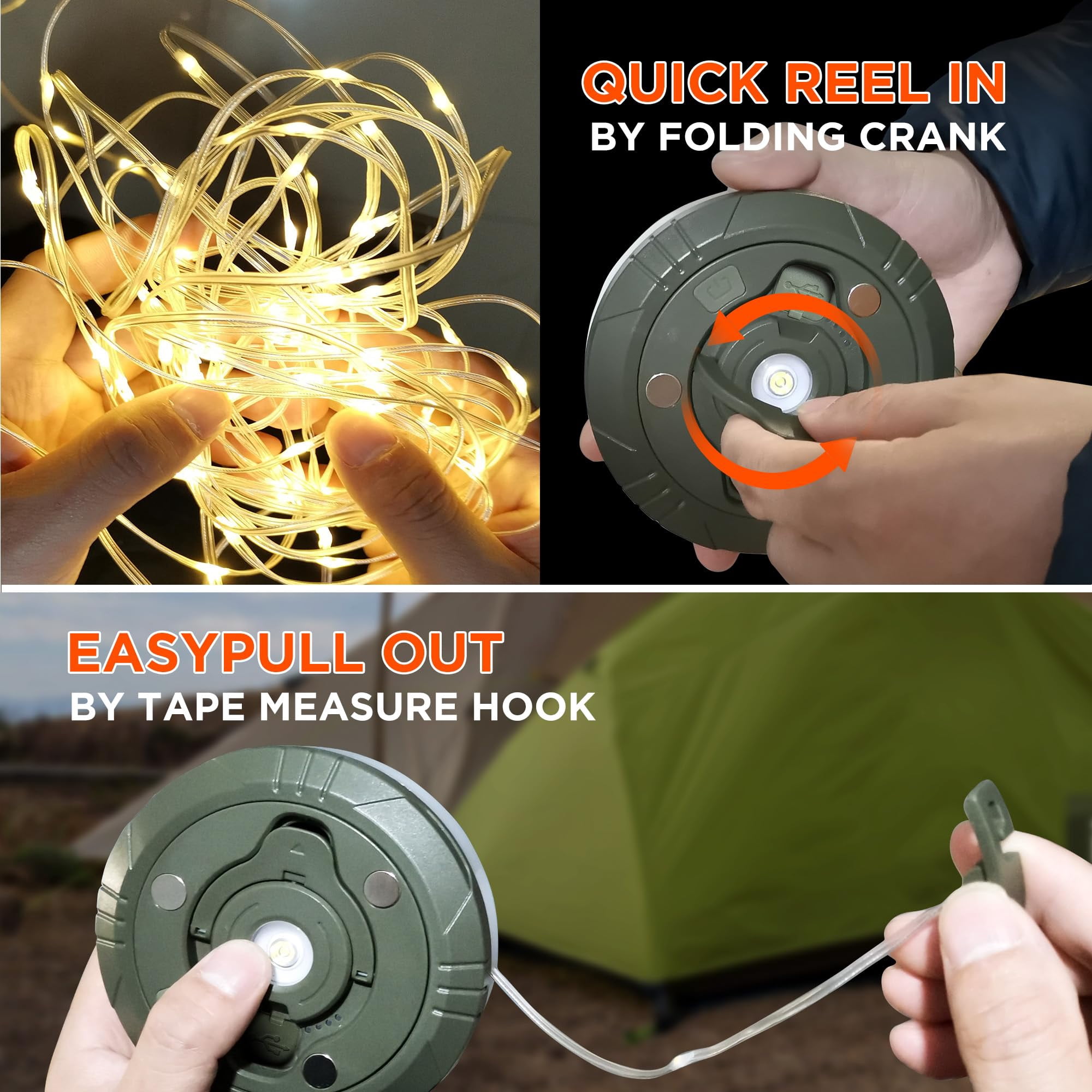 PUCACHI 2-in-1 LED Camping Lantern & 32.8ft String Lights | 8 Lighting Modes, IP44 Waterproof, USB Rechargeable | Portable Outdoor Light for Camping, Hiking, Backyard, Emergency (30s Quick Recovery,