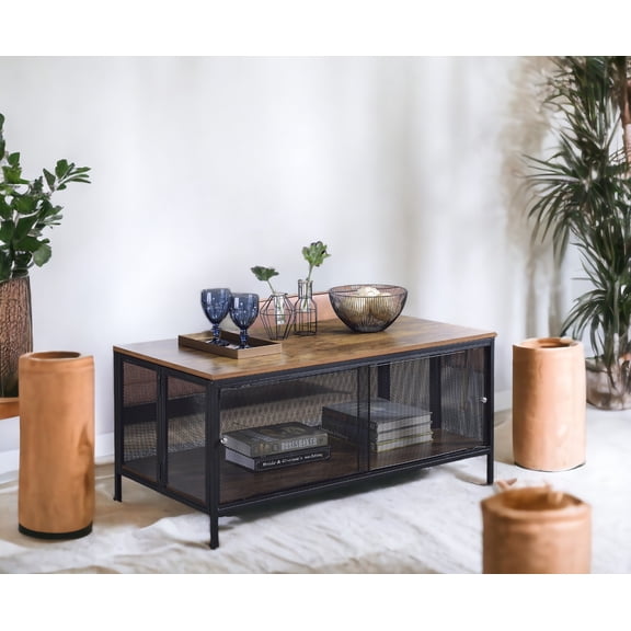 Coffee Table with Metal Mesh Base and 4 Sliding Door Storage Compartments, Foldable Design, Antique Oak and Black Finish Synthetic Wood and Metal, 41" x 21" for Living Room Space