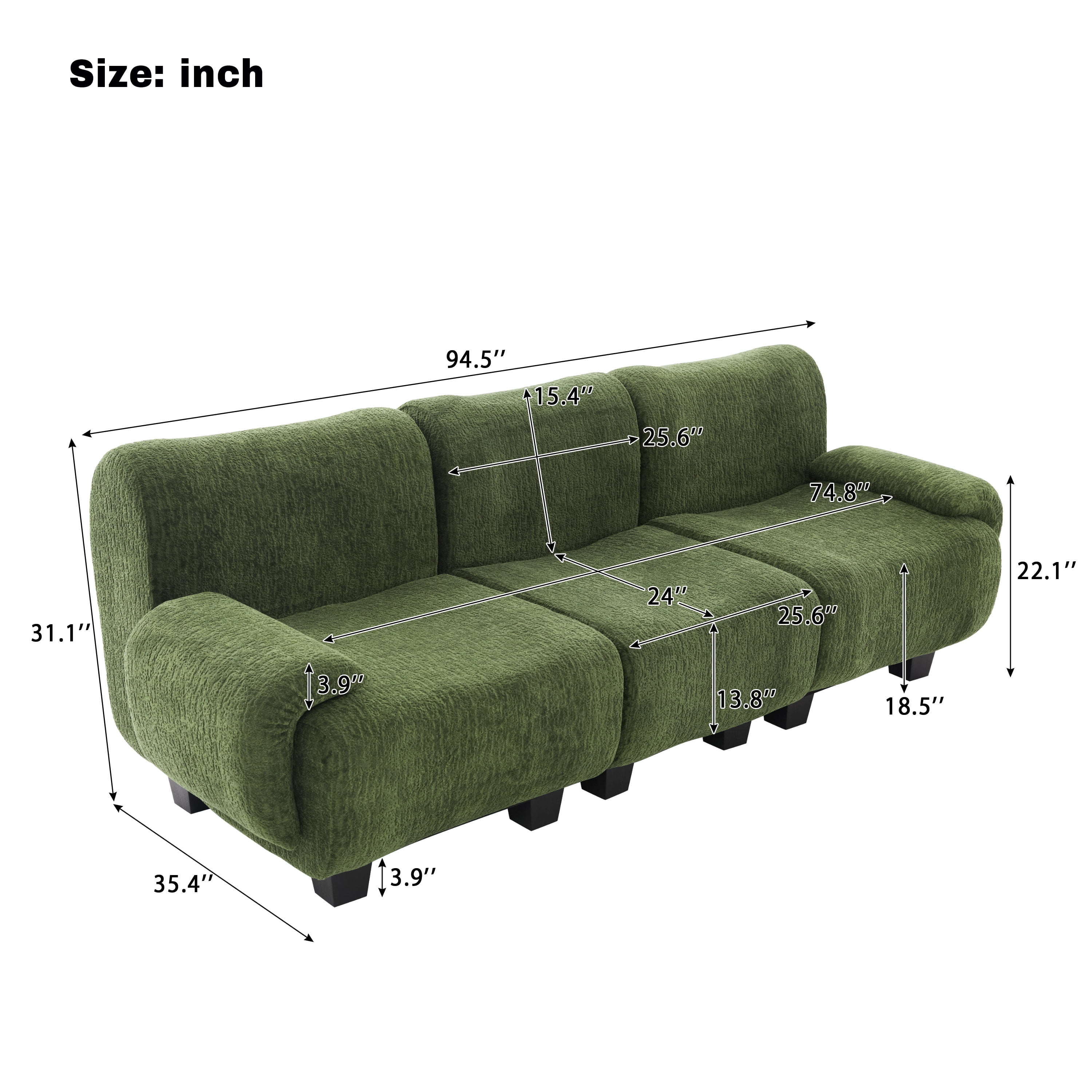 Euroco Modern 3-seater Sofa 94.5" Sofa Couch Chenille Upholstered Sofa with Curved Armrests for Living Room, Apartment, Guest Room, Green