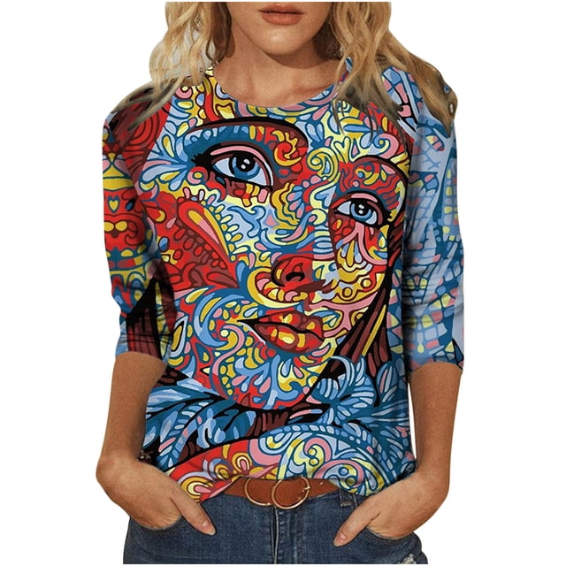 Blusa de cuello redondo cómoda de manga larga con estampado de grafiti de novedad clásica para mujer Pompotops gfhjh19385