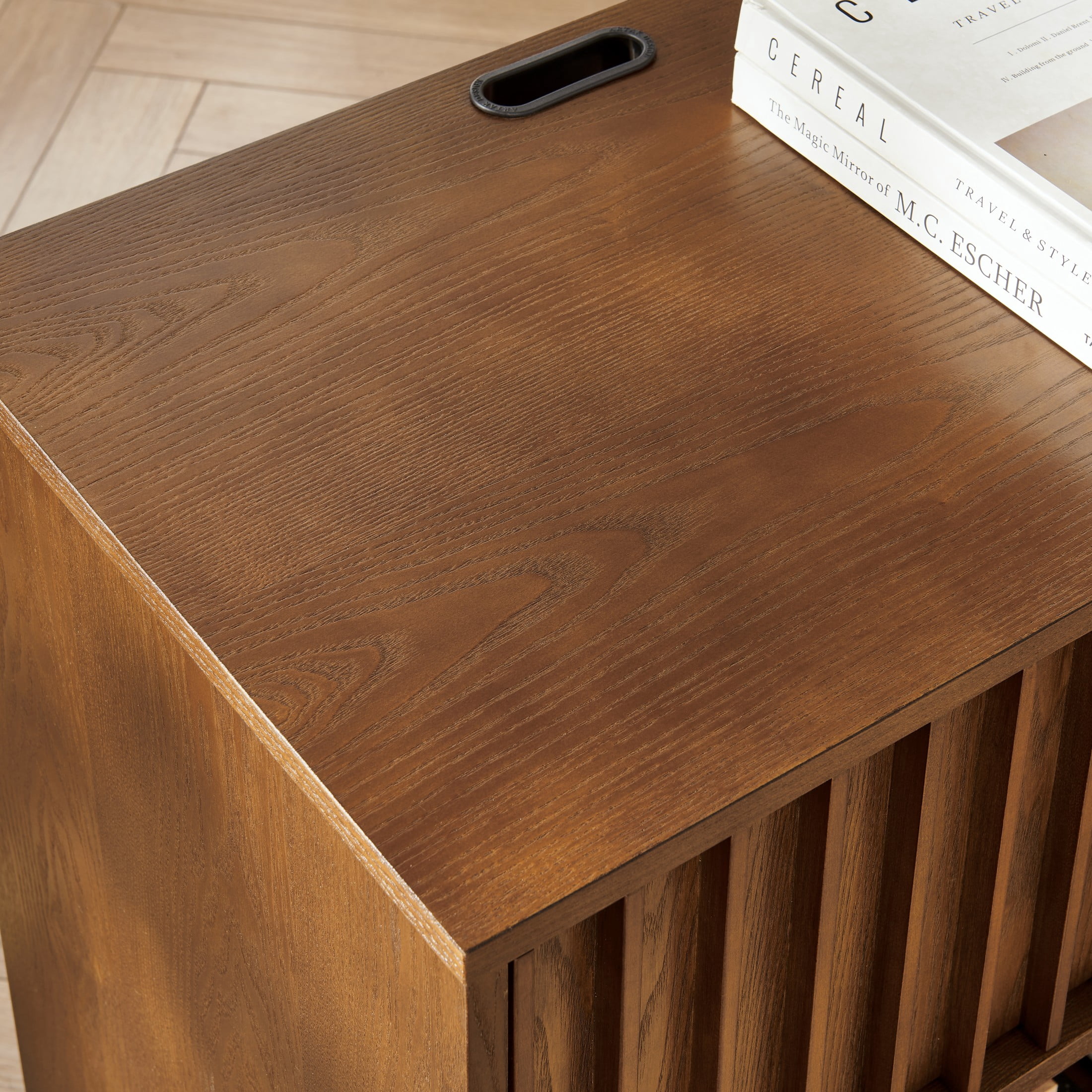 GDF Studio 23.4" Grille Slat Nightstand with Charging Station, Drawer & Open Shelf, Walnut