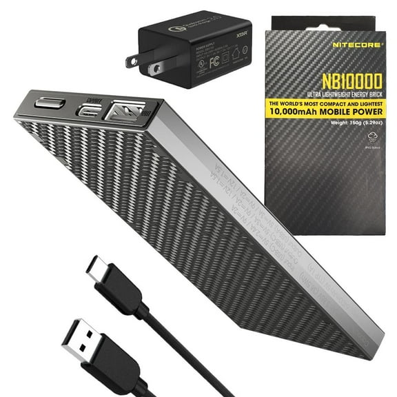 Nitecore NB10000 Ultra-Slim Quick Charge Dual-Output USB-C Power Bank w/ 3Amp USB wall Adapter and Eco-Sensa USB Charging Cable