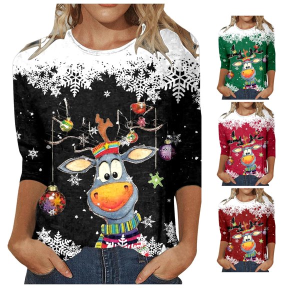 xfsWaSs Womens Fall Shirts Christmas 3/4 Sleeve T-Shirt Fashion Casual Round Neck T Shirts Xmas Holiday Graphic Tee Tops Soft Ladies Tshirts