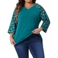 thumbnail image 1 of Camisas de mujer de tallas grandes Agnes Orinda, blusa de cuello en V, manga 3/4, floral, raglán, casual, tops de primavera y otoño, 2X azul pavo real, 1 of 6