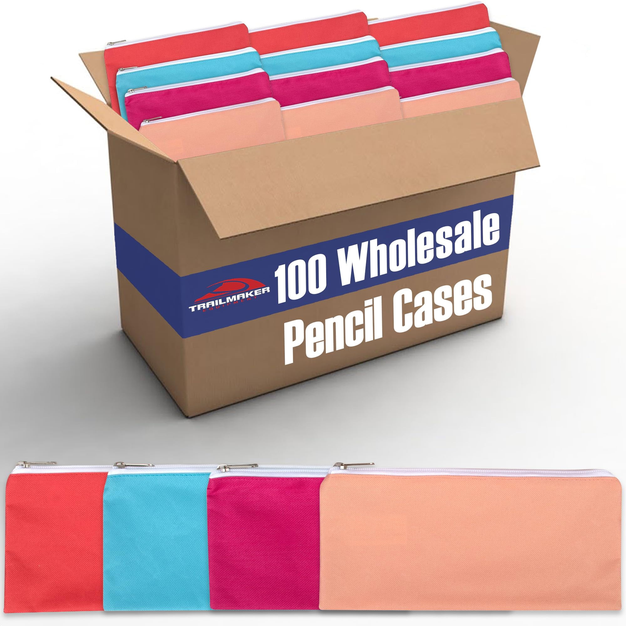 100 Pack of Bulk Wholesale Solid Color Zippered Pencil Cases for Pens, Pencils, Markers, Crayons, and Writing Stationary Supplies in 4 Assorted Colors